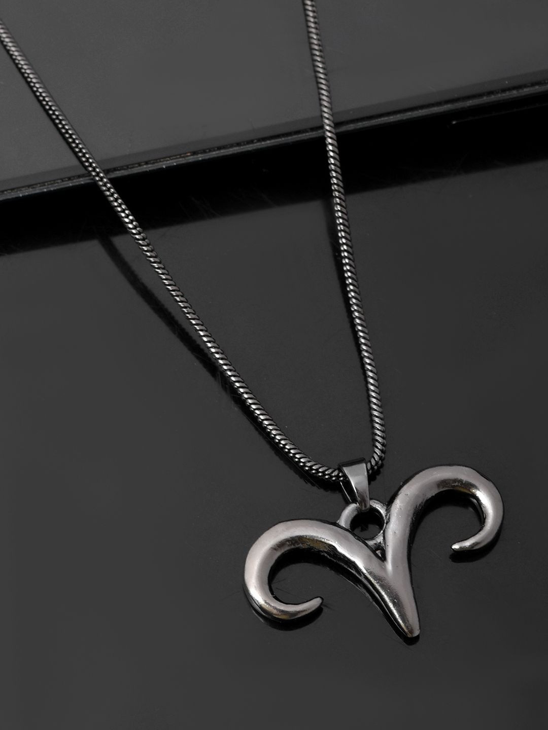 Voylla Men Rhodium-Plated Eclipse Aries Horn Symbol Pendant With Chain