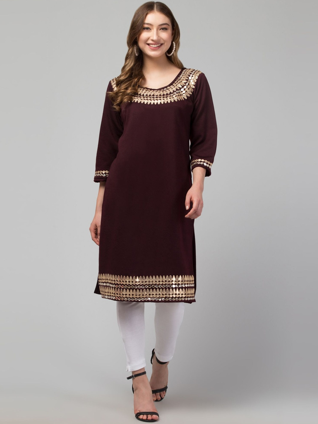 CROWN KING Embroidered Round Neck Gotta Patti Straight Woollen Kurta