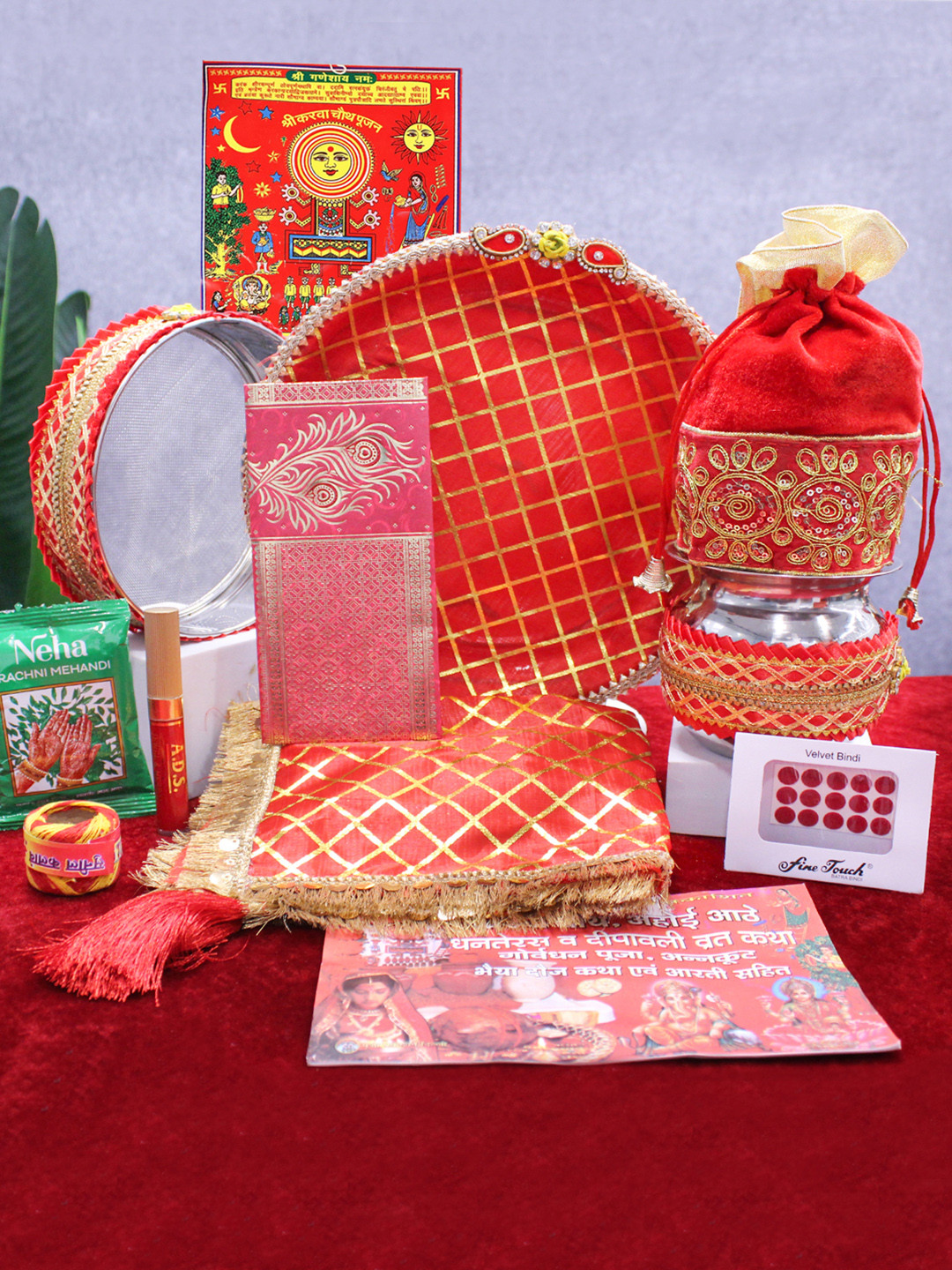 TIED RIBBONS Red Karwachauth Thali Set With Cover & Pooja Samagri