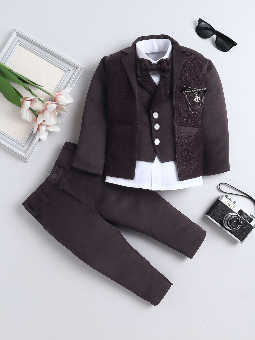 FOURFOLDS Boys Self Design Jacquard Notched Lapel Double Breasted Three-Piece Suit