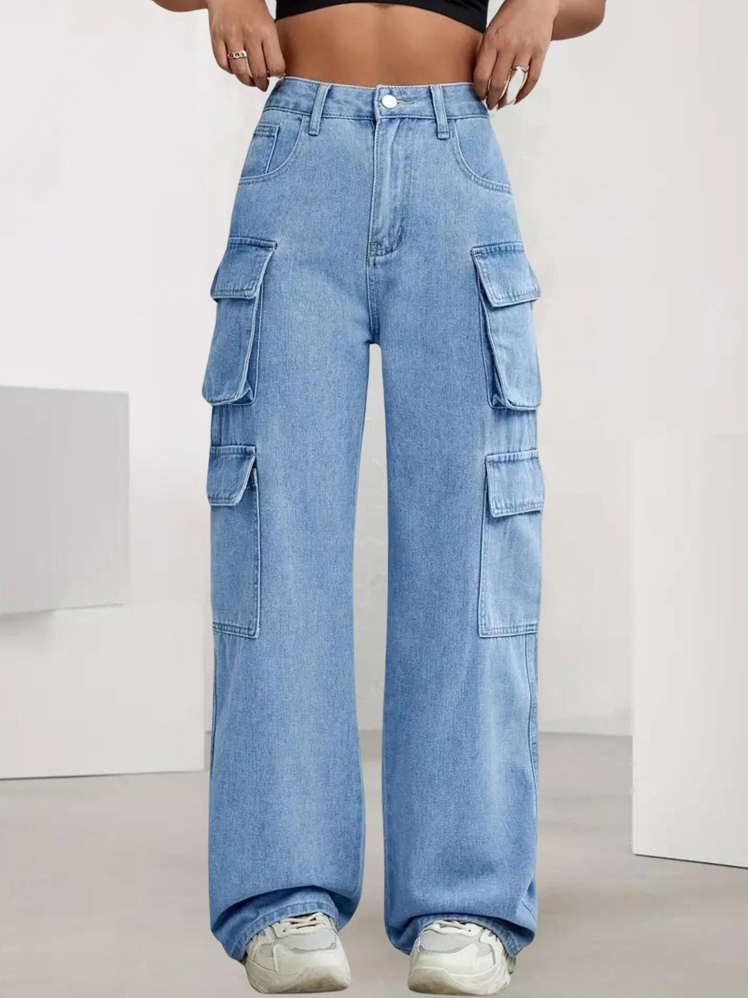Crazeis Women Comfort Wide Leg High-Rise Light Fade Acid Wash Stretchable Cargo Style Jean
