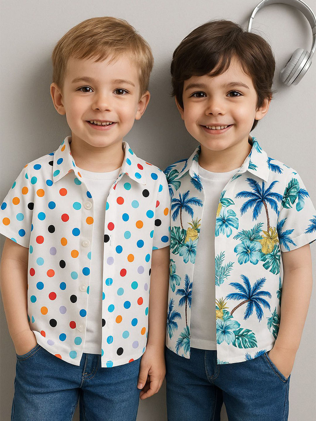 M J Fashion Kids Relaxed Fit Polka Dots Printed Cotton Casual Shirts Pack of 2