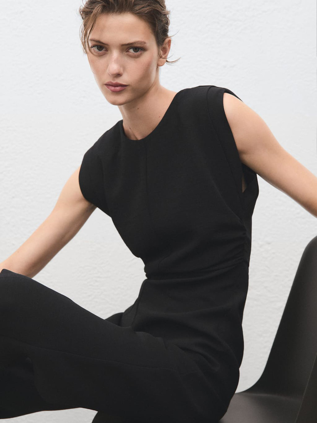 MANGO Solid Ruched Basic Jumpsuit With Concealed Zip Closure