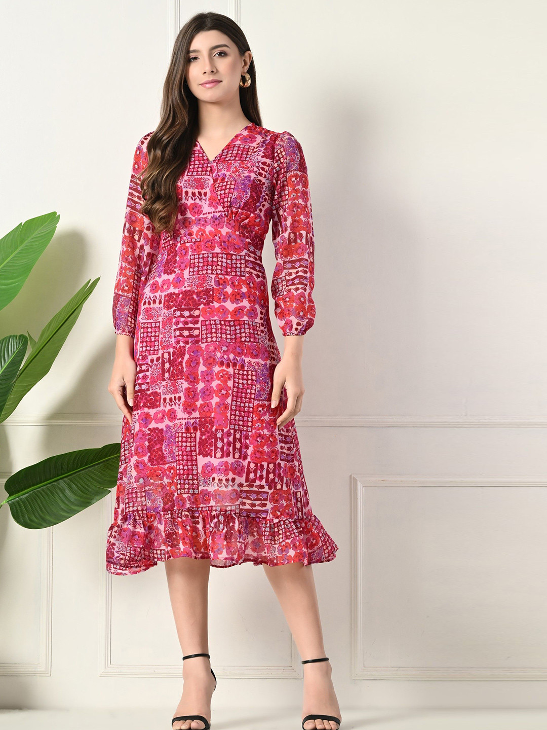 Lihana Women Floral Printed Puff Sleeves Wrap Midi Dress