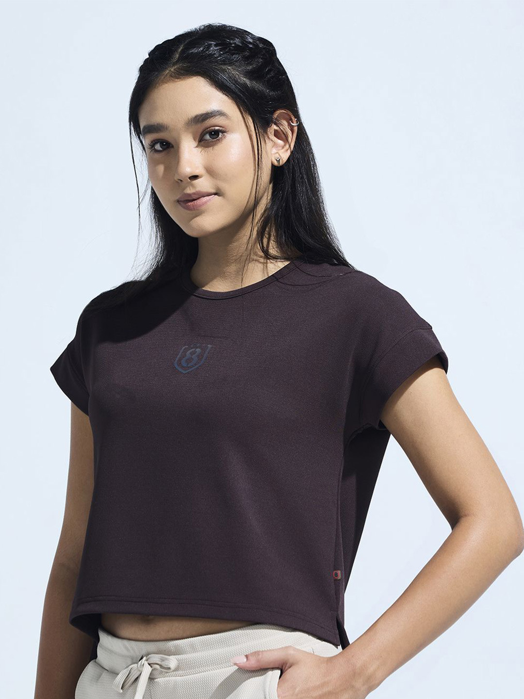 DOMIN8 Women High Low Crop Top Wrinkle Resistant Reflective Graphic Athleisure T Shirt