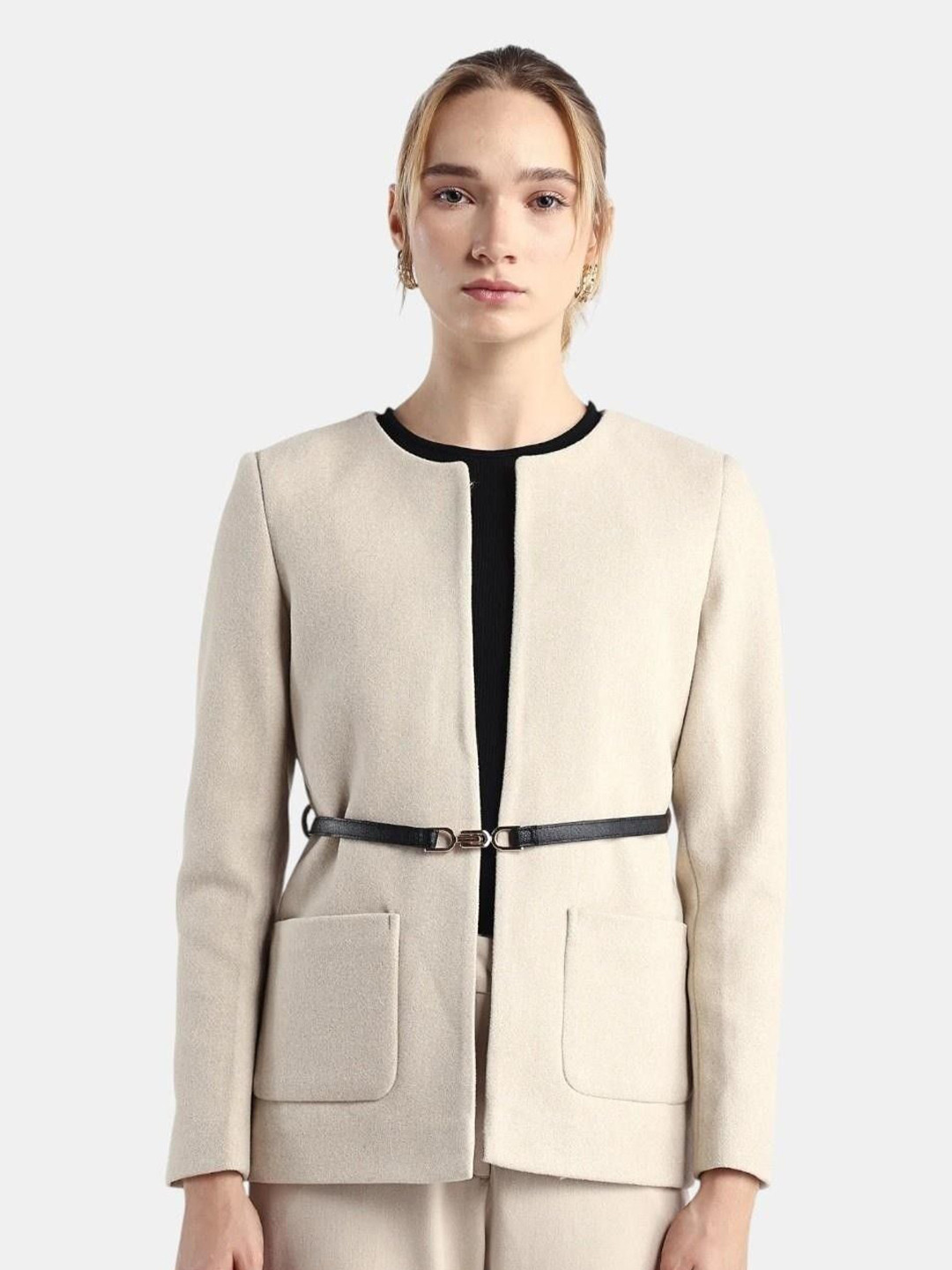 Rareism Women Nexmar Off White Polyester Blend Jacket Plain Jacket