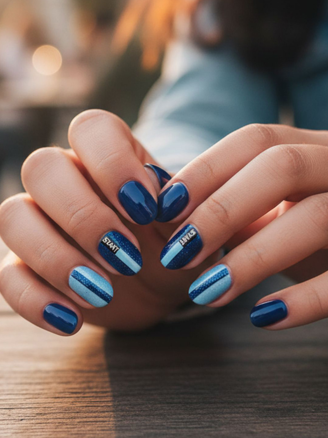 LICK 30Pcs Glossy Reusable Artificial Fake Press On Nails - Dark & Light Blue