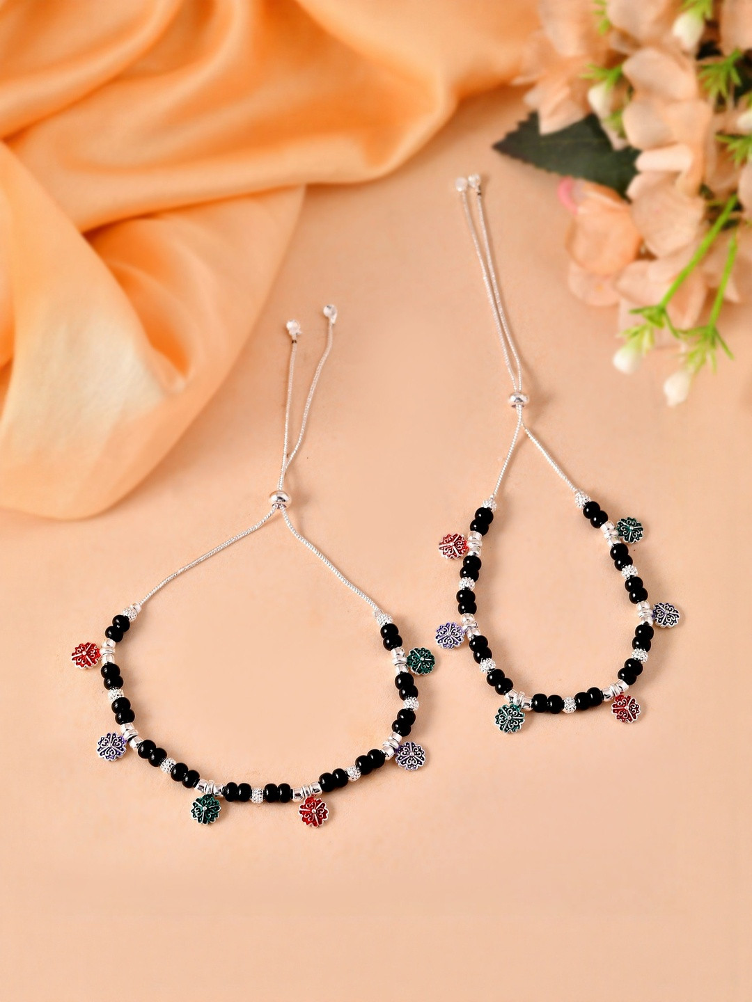 VOJ Set Of 2 Stainless Steel Silver-Plated Artificial Beads Anklet