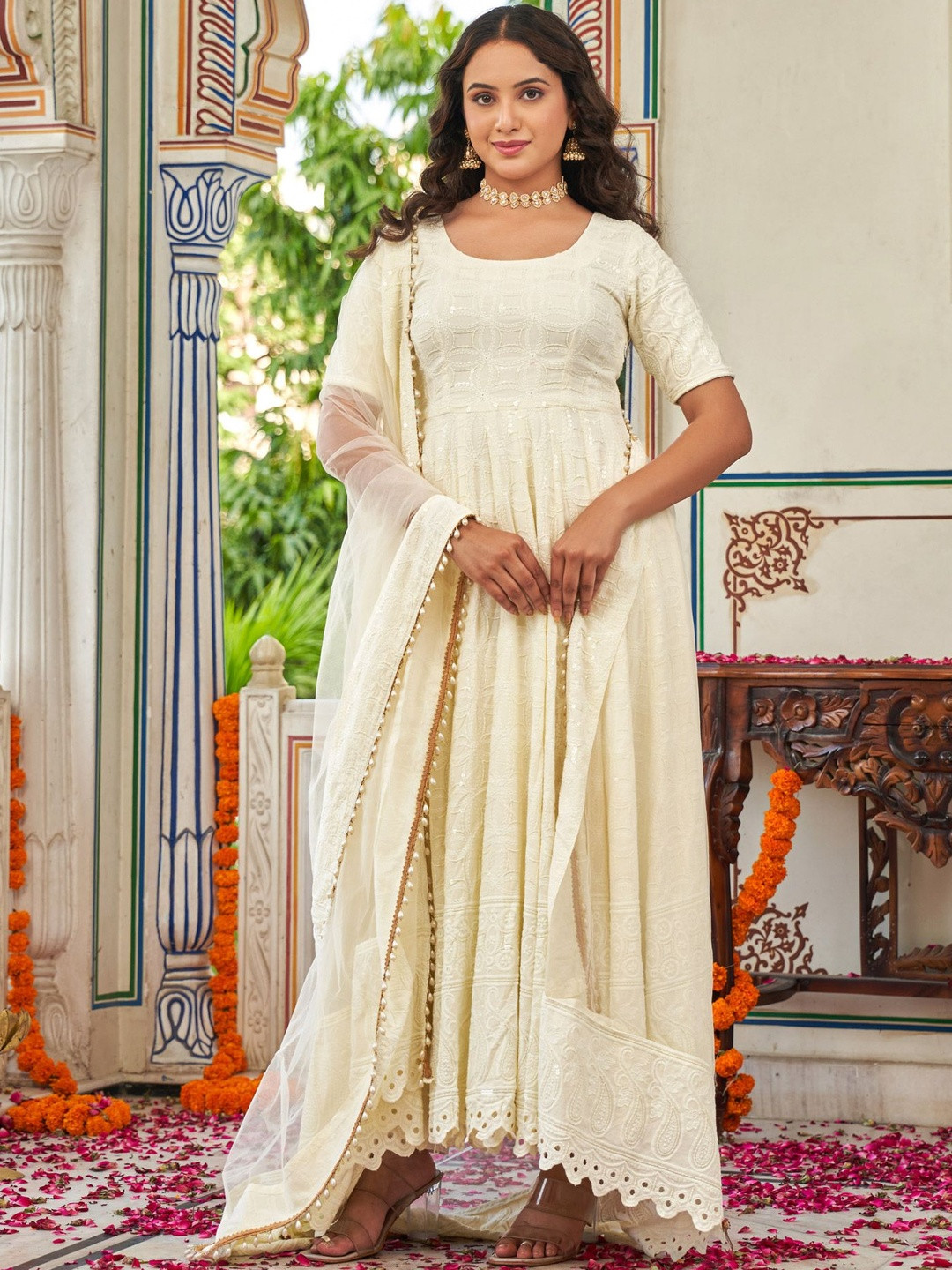 Indian Virasat Sitara Floral Embroidered Cotton Silk Anarkali Kurta With Trouser & Dupatta