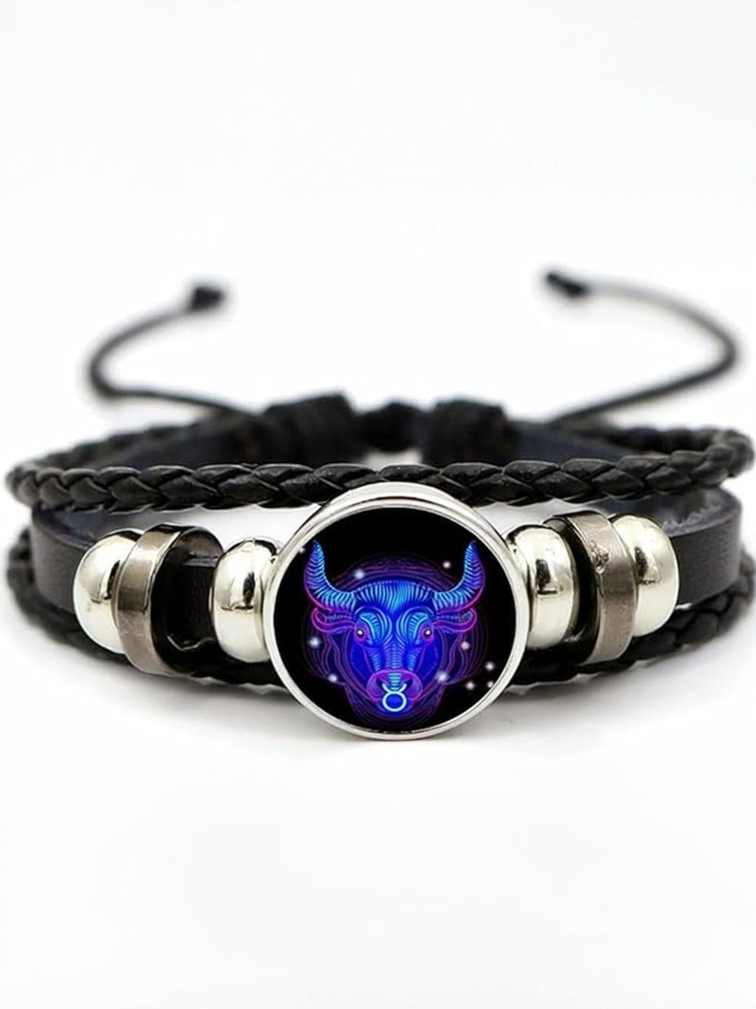 Ringzinnie Men Leather Artificial Stones Studded & Beaded Wraparound Bracelet