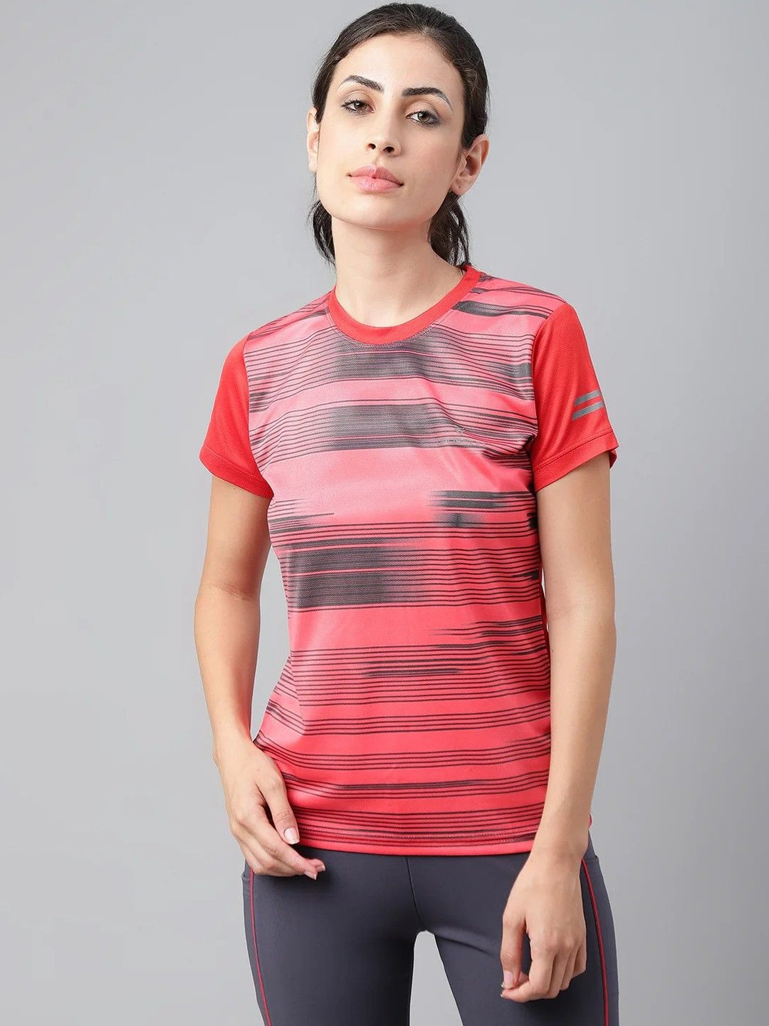 Dpassion Women Striped Printed Round Neck T-shirt