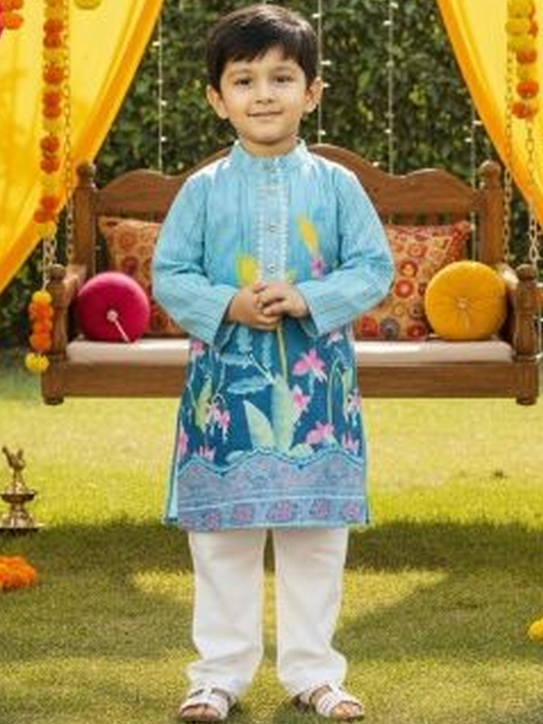 CORD OF LOVE Boys Floral Printed Mandarin Collar Straight Kurta With Trouser