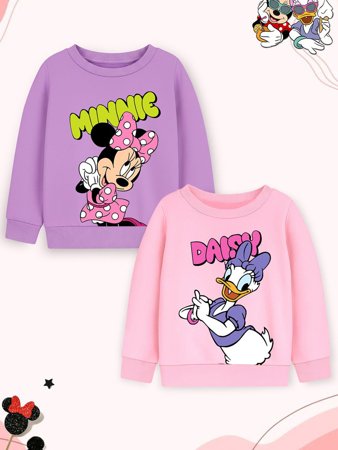 YK Disney Girls Pack of 2 Daisy Duck And Minnie Printed Round Neck Sweatshirt