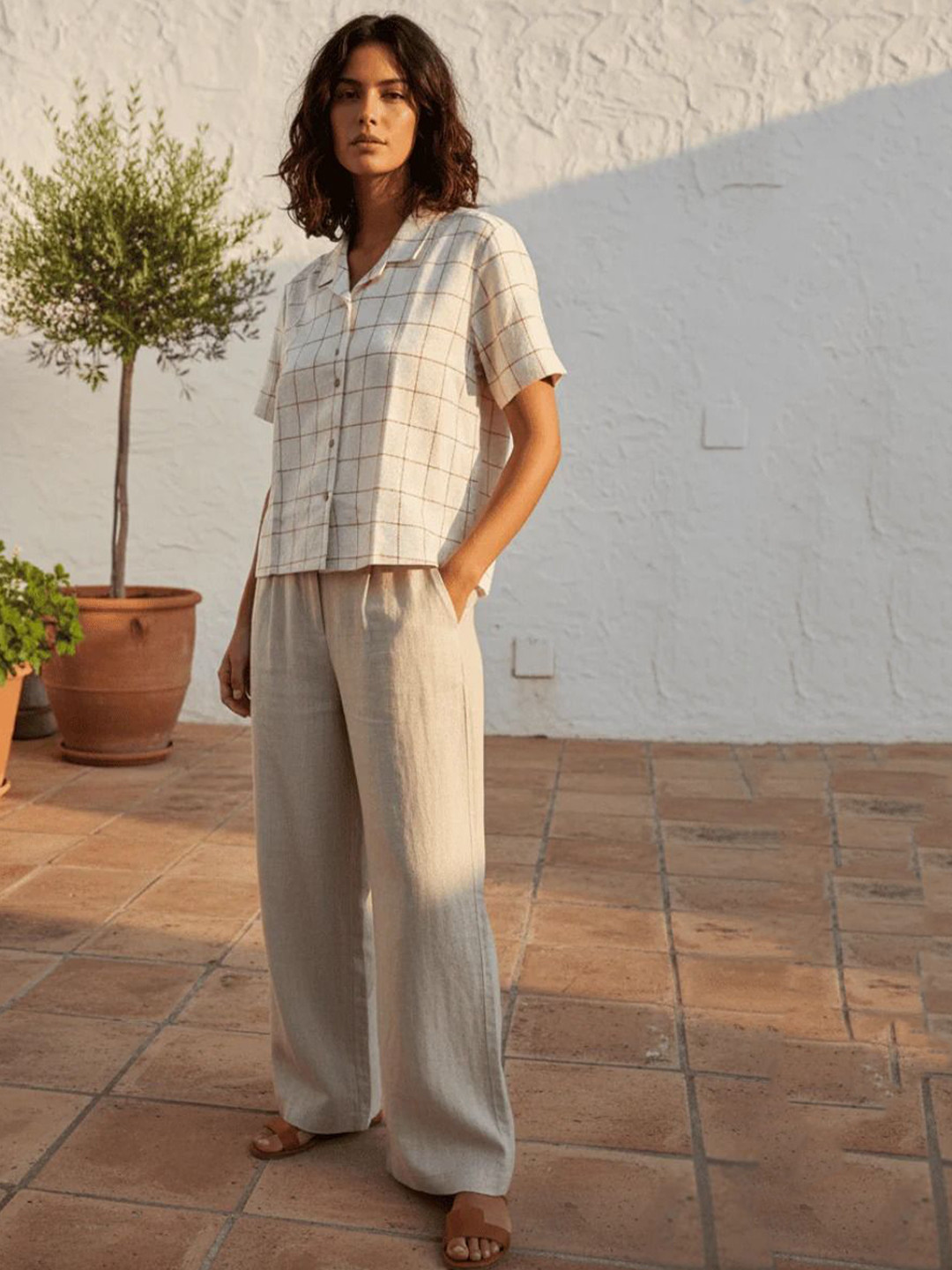 LACELY Women Windowpane Checked Cuban Collar Linen Casual Shirt