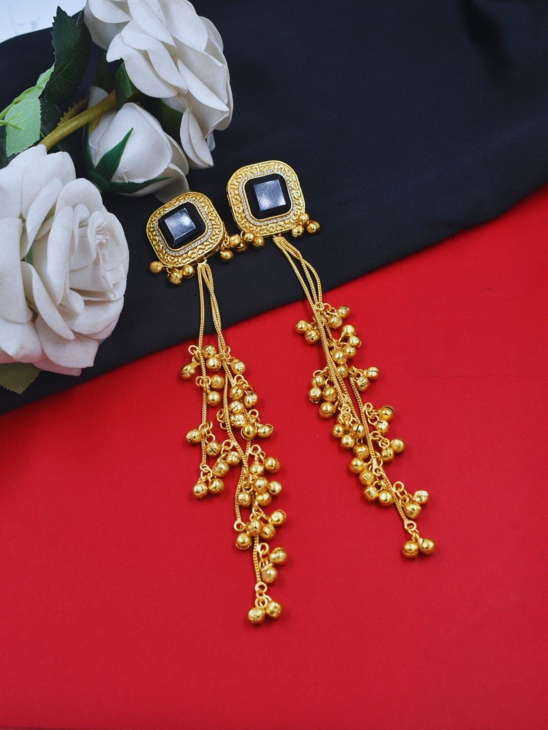 J & C Fashion Arena Gold-Plated Artificial Stones Studded Square Shaped Drop Earrings