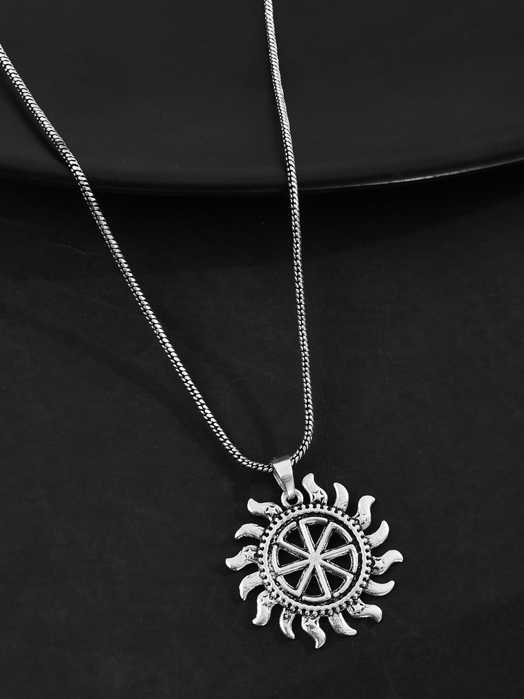 Voylla Men Silver-Plated Statement Solar Wheel Oxidised Circular Pendant With Chain