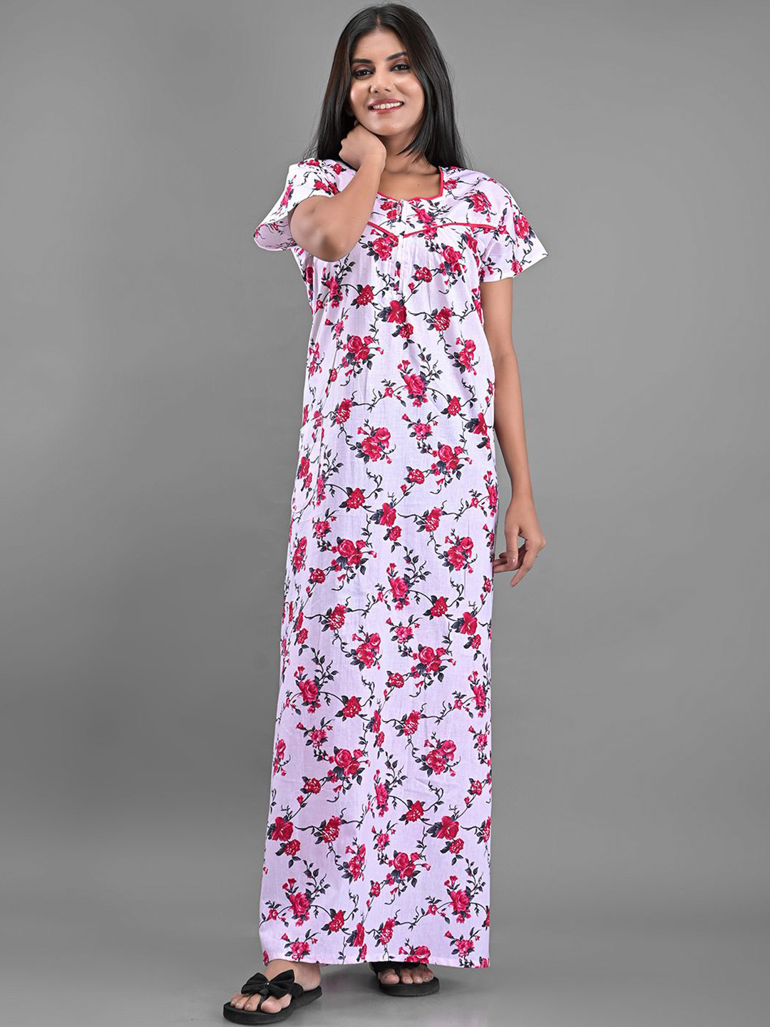 RajeRaj Women Pure Cotton Floral Printed Short Sleeves Maxi Nightdress