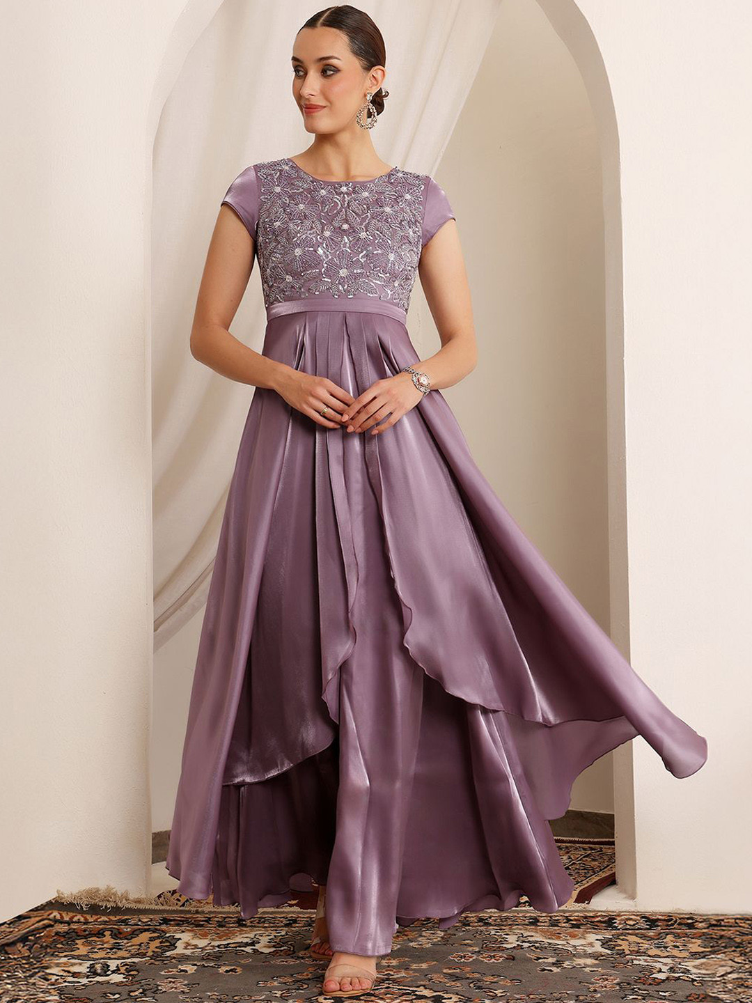 Miss Chase Women Embroidered Premium Layered Satin Gown