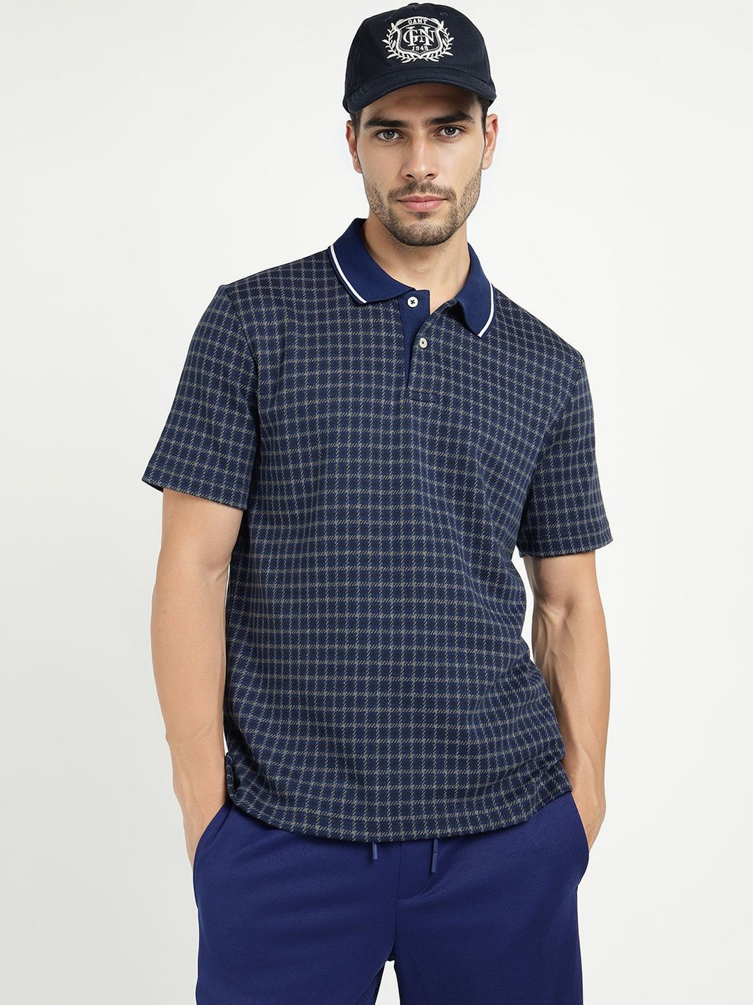 GANT Men Checked Polo Collar Regular Fit T-shirt