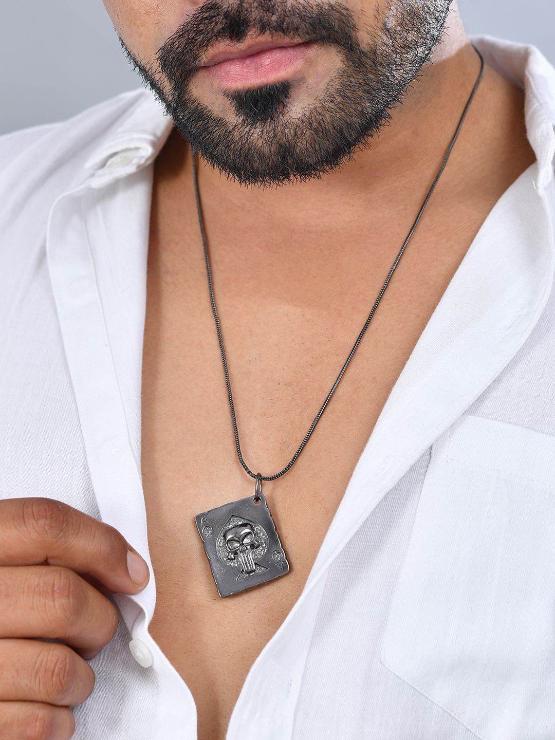 Voylla Men Rhodium-Plated Eclipse Ace Skull Quirky Pendant With Chain