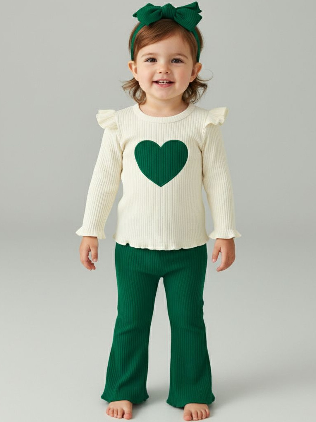 FAVORITE STORE Girls Heart Printed & Ribbed Top with Flared Trouser Clothing Set