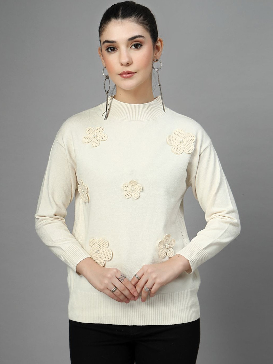 Mafadeny Women Embroidered Flower High Neck Pullover Sweaters