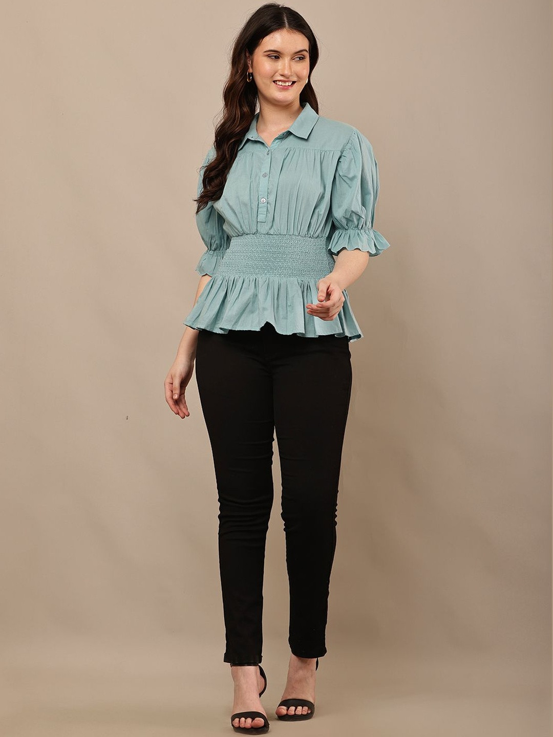 BEGUMPAN Women Shirt Collar Puff Sleeve Cotton Peplum Top