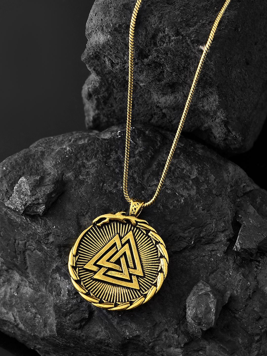 Voylla Men Gold-Plated Statement Valknut Sunburst Quirky Oxidised Pendant With Chain