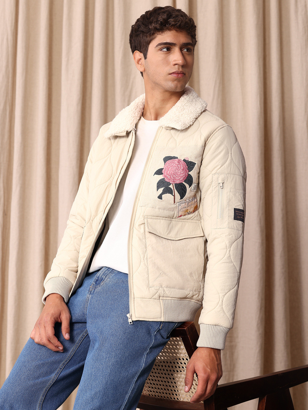 Mr Bowerbird Floral Embroidered Detail Padded Jacket With Detachable Sherpa Trim