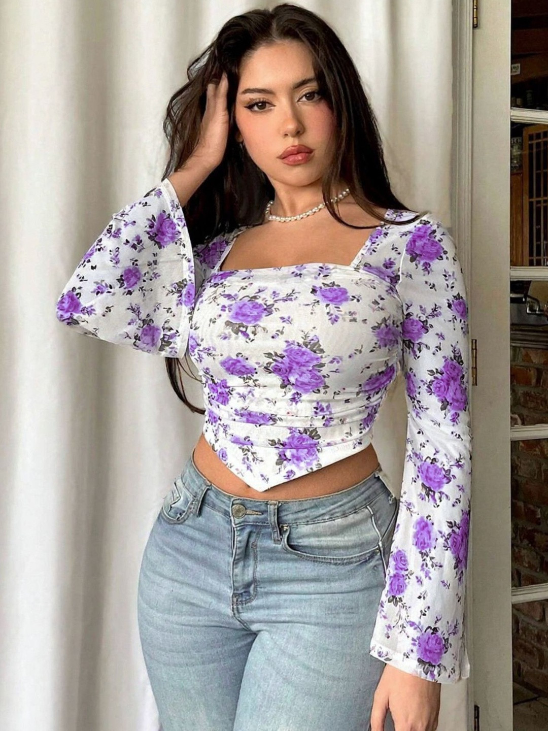 SZN Women Floral Printed Slim-Fit Bell Sleeve Net Crop Fitted Top