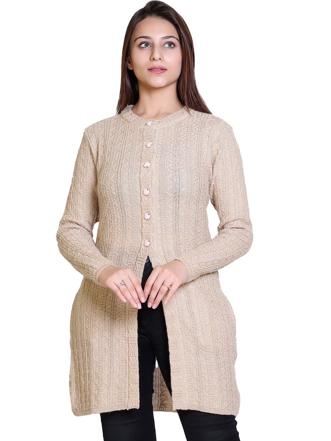 Varenyam Women Skin Solid Acrylic Round Neck Long Sleeves Long Sweater