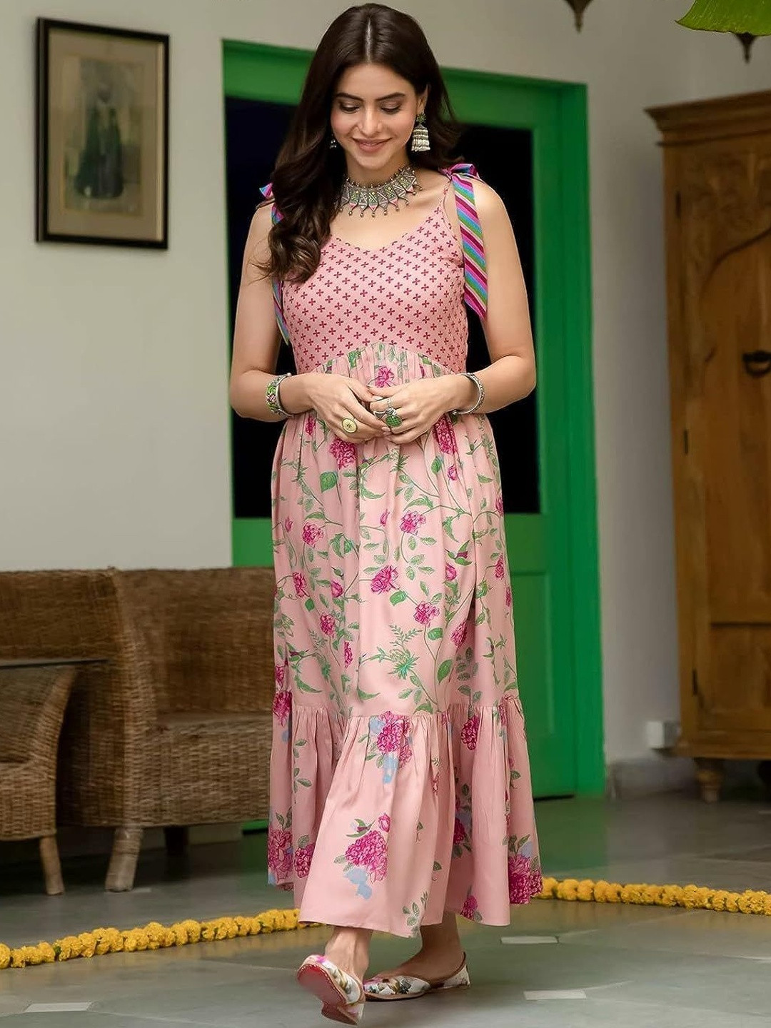 GOBYA Floral Printed Shoulder Strap Fit & Flare Ethnic Dress