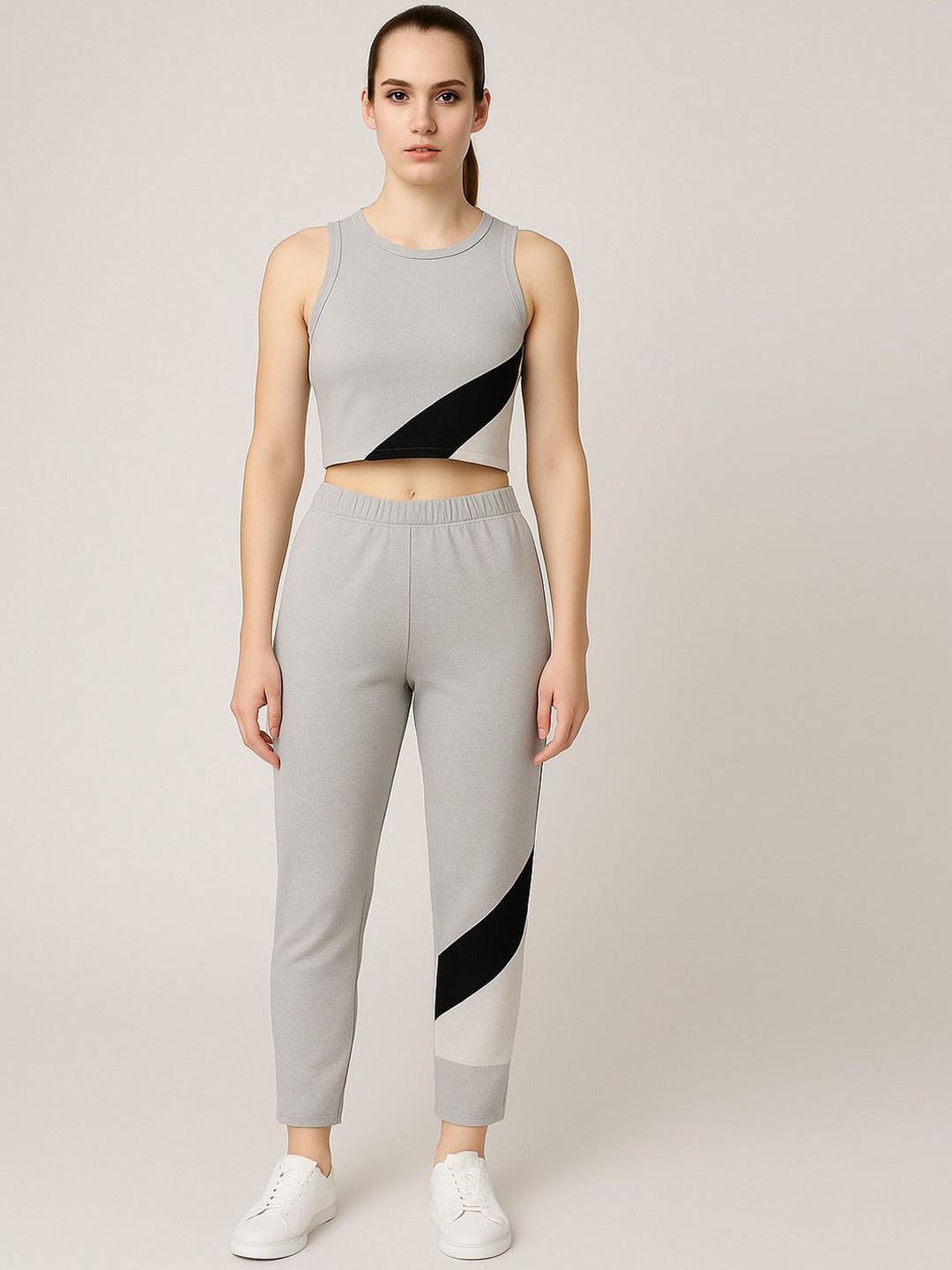 CHROME & CORAL Colourblocked Round Neck Top With Treggings