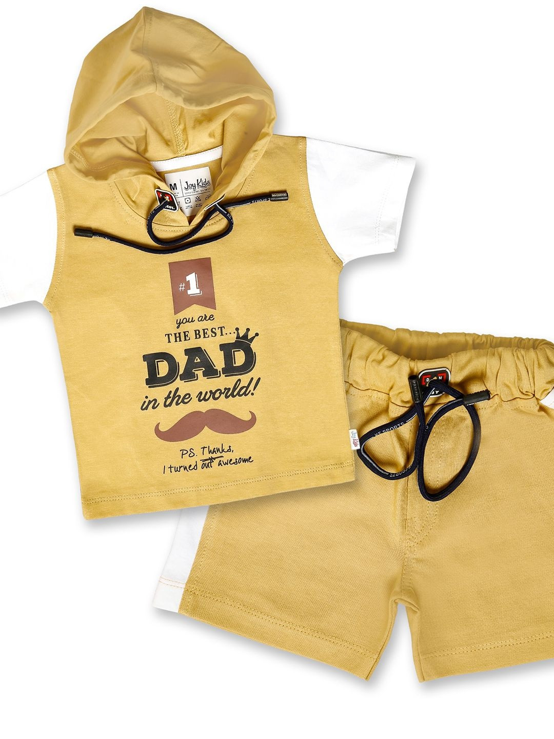 Joy Kids Boys Mustard Printed Pure Cotton Hooded T-shirt with Shorts