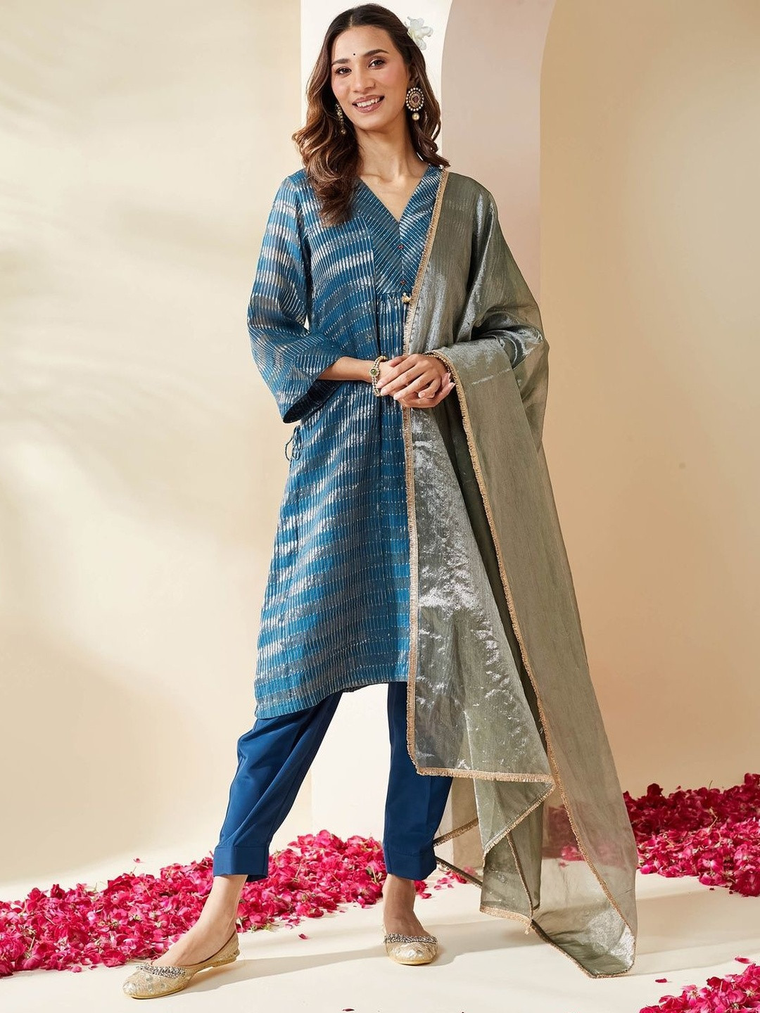 Mushio Blue zari stripe embellished Pranita Kurta Set