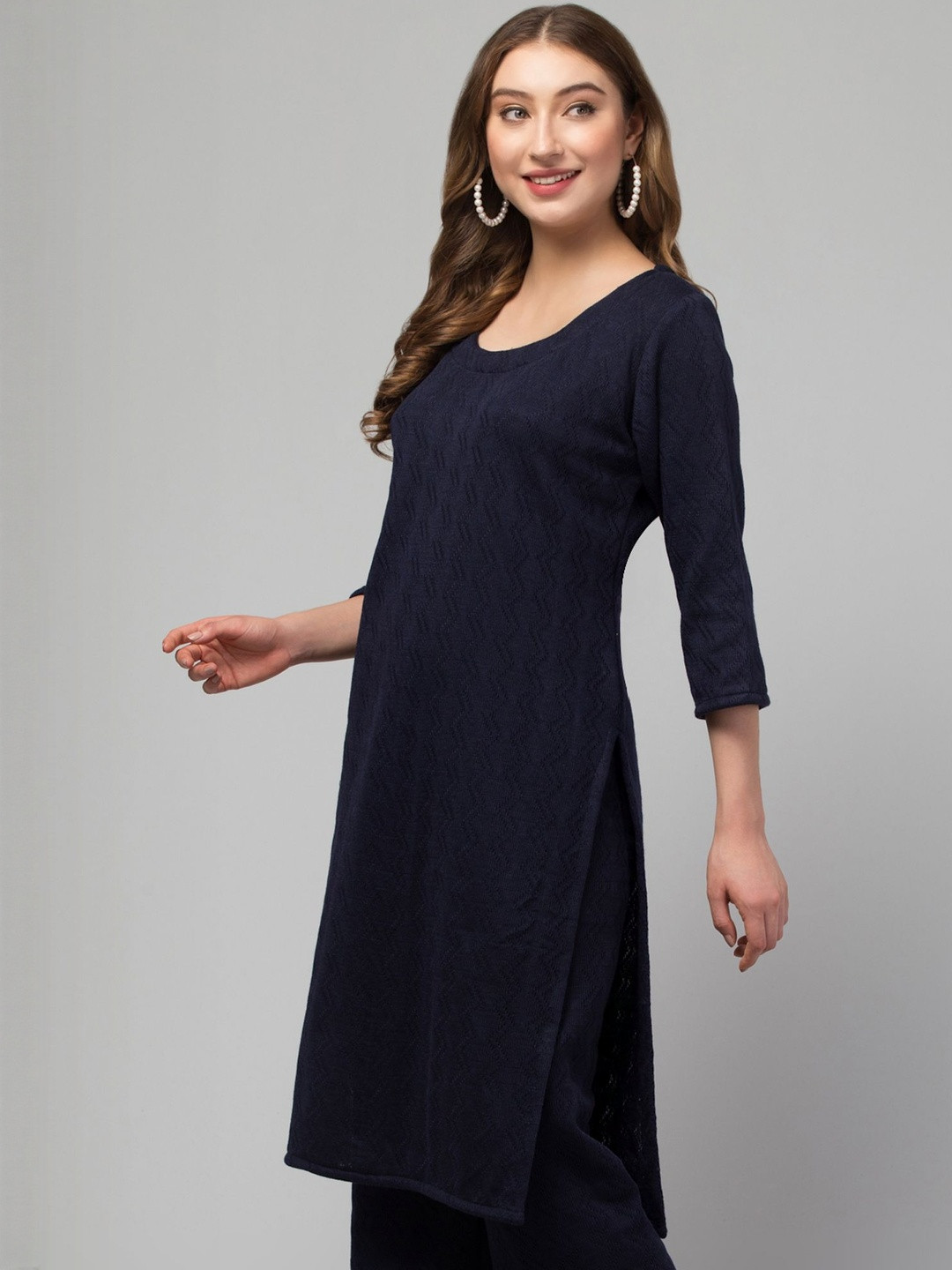 CROWN KING Round Neck Straight Woolen Kurta