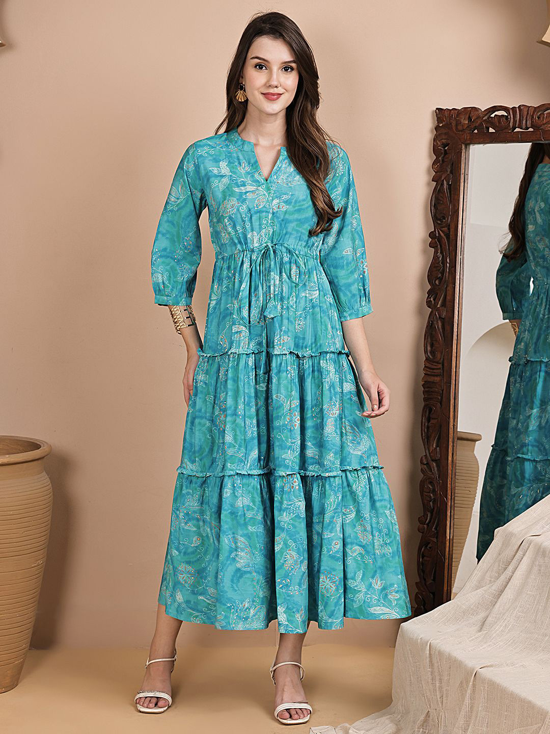 Claura Women Blue Ethnic Motifs Printed Gathered Tiered Puff Sleeves Fit & Flare Maxi Dress