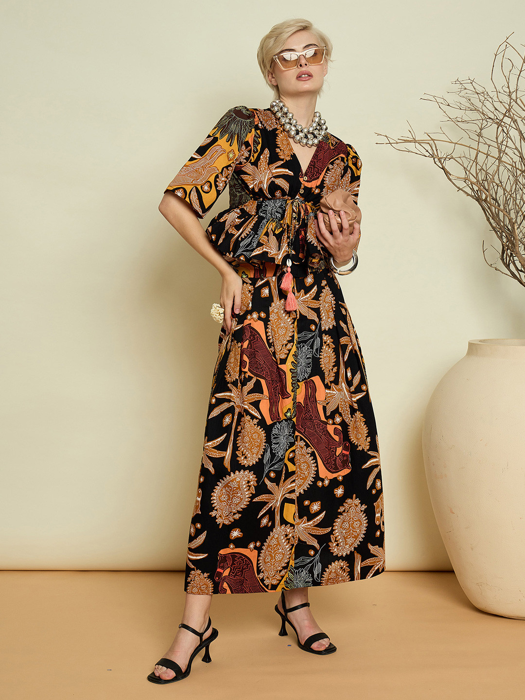 Pink Paprika by SASSAFRAS Boho Printed Pure Cotton Peplum Top With Maxi Skirt