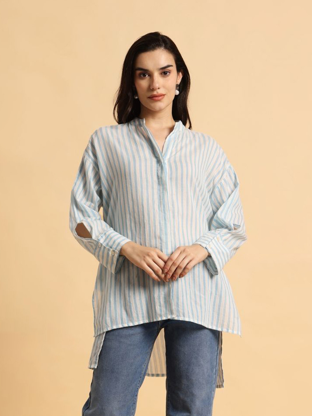 Safeera Relaxed Striped Band Collar Pure Cotton Casual Shirt