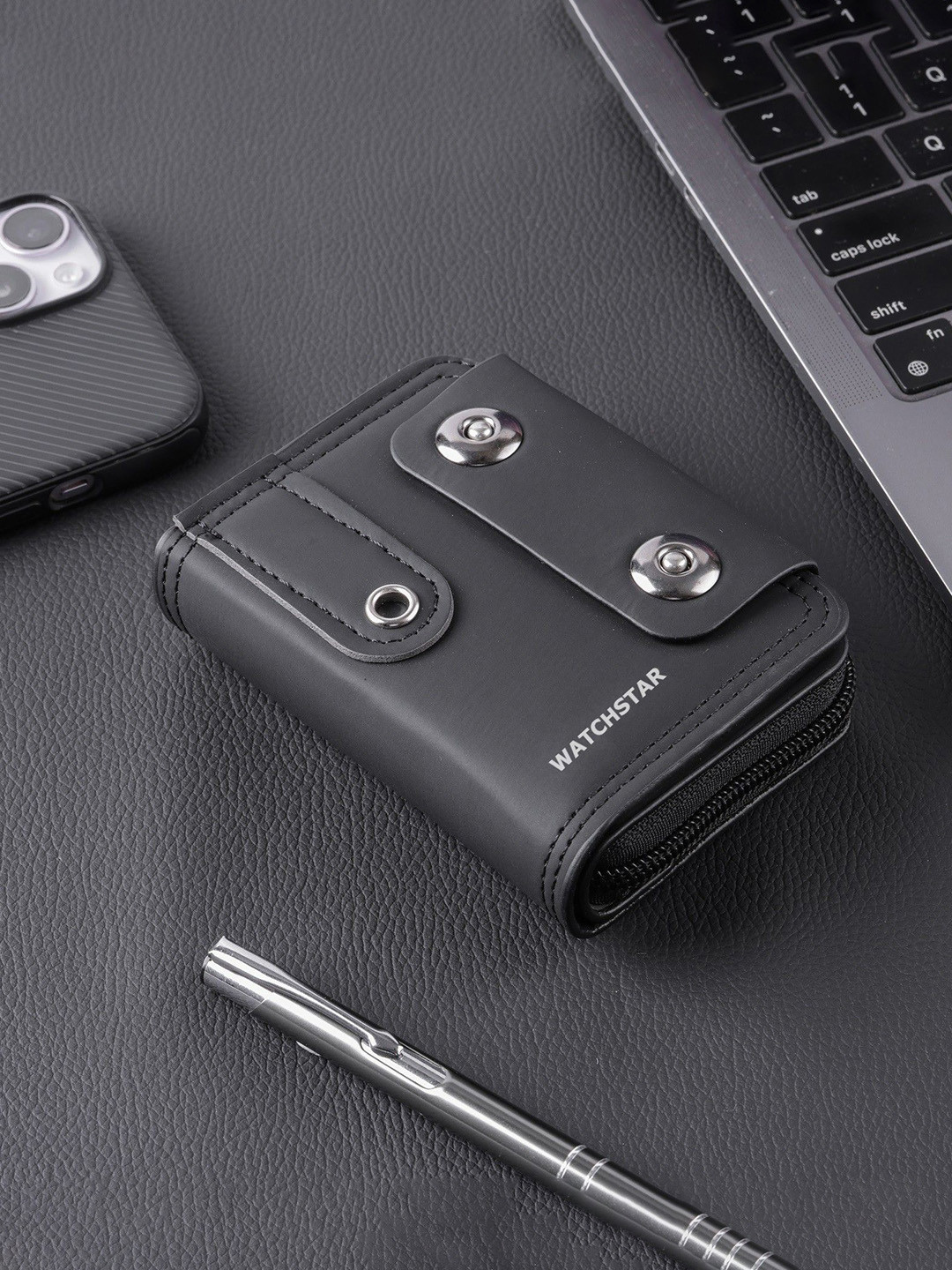 WATCHSTAR Unisex Self Design Leather Card Holder with Button Closure