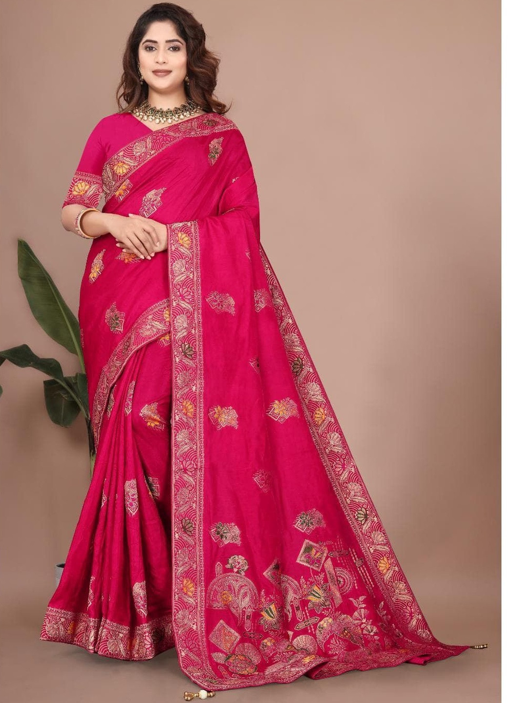Bindi Fashion Woven Design Beads and Stones Banarasi Saree With Unstitched Blouse Piece