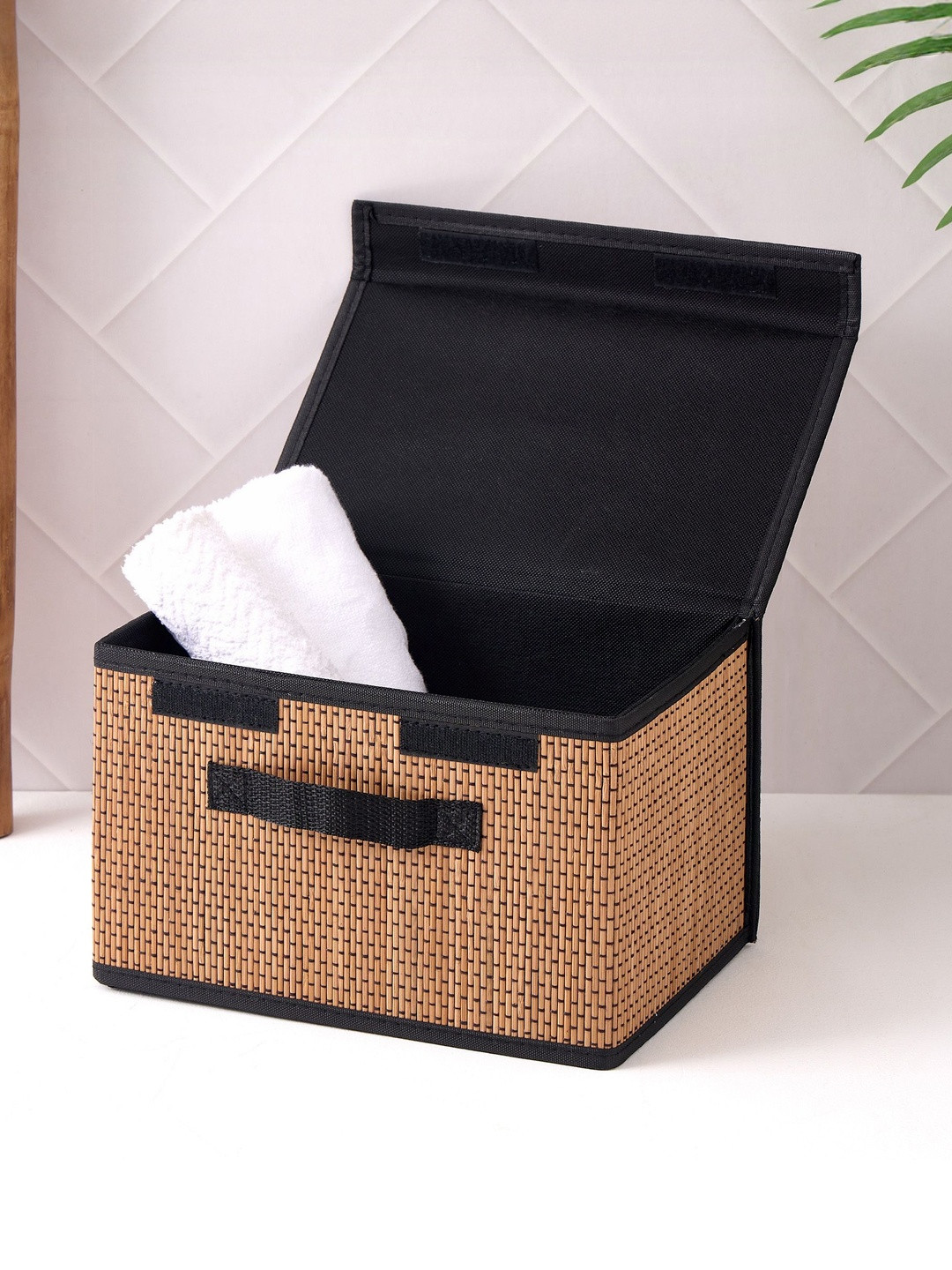 Home Centre Wilton Macy Brown & Black Bamboo Foldable Storage Basket With Lid