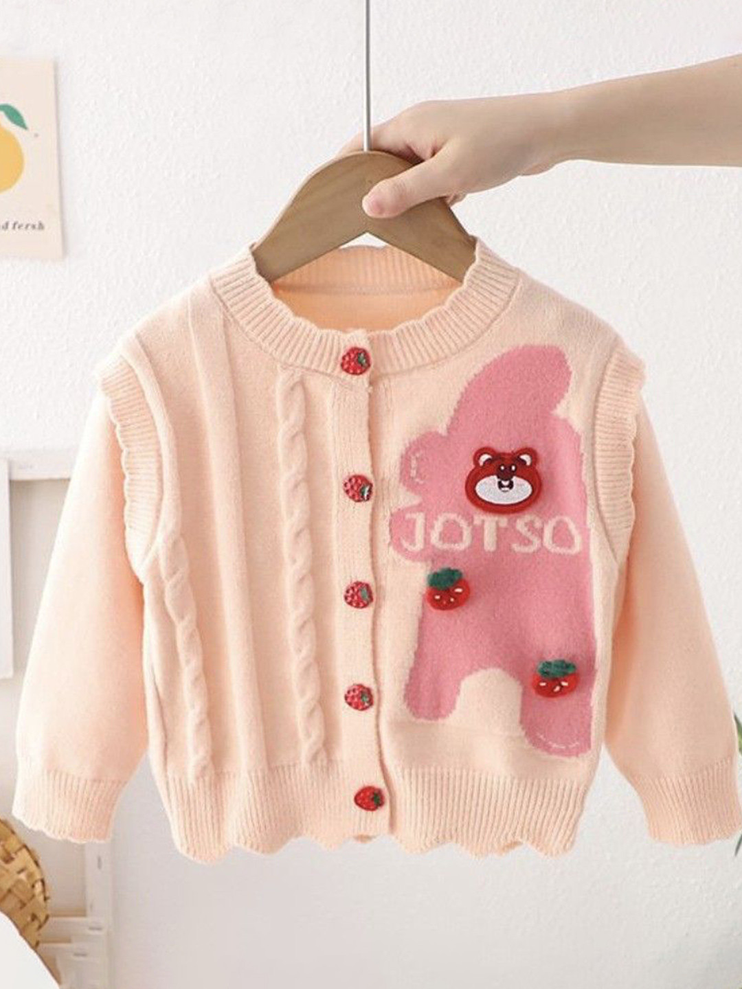 YK Girls Pink Solid Long Sleeves Cotton Open Front Sweaters
