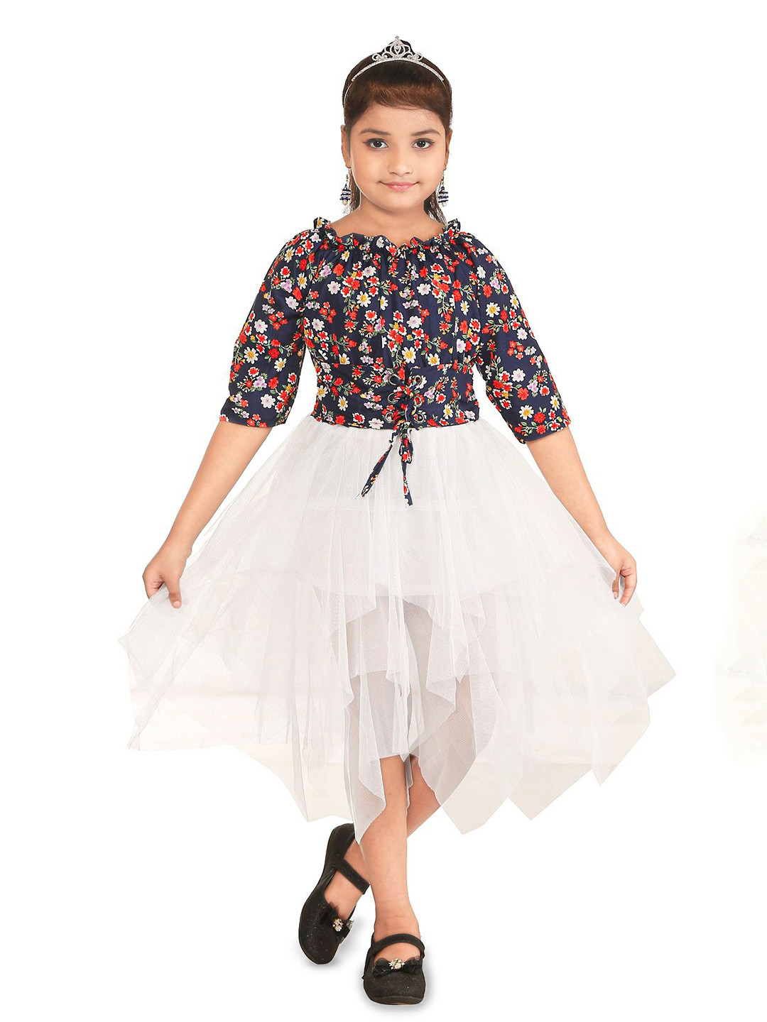 Nickys Disegno Girls Printed Net Fit & Flare Midi Dress