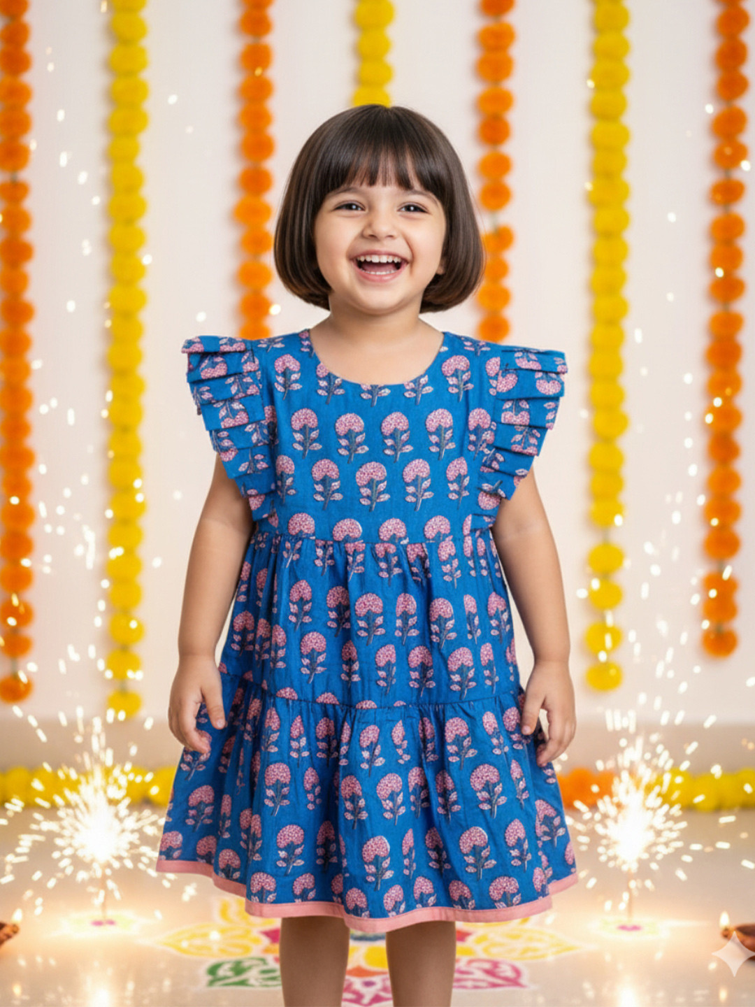 MASU LIVING Girls Floral Printed Pure Cotton Flutter Sleeve Fit & Flare Dress