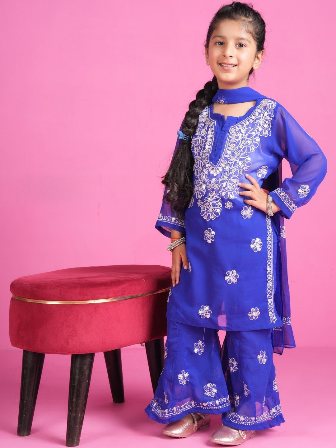 KHAKA Girls Ethnic Motifs Embroidered Thread Work Georgette Kurta With Sharara & Dupatta