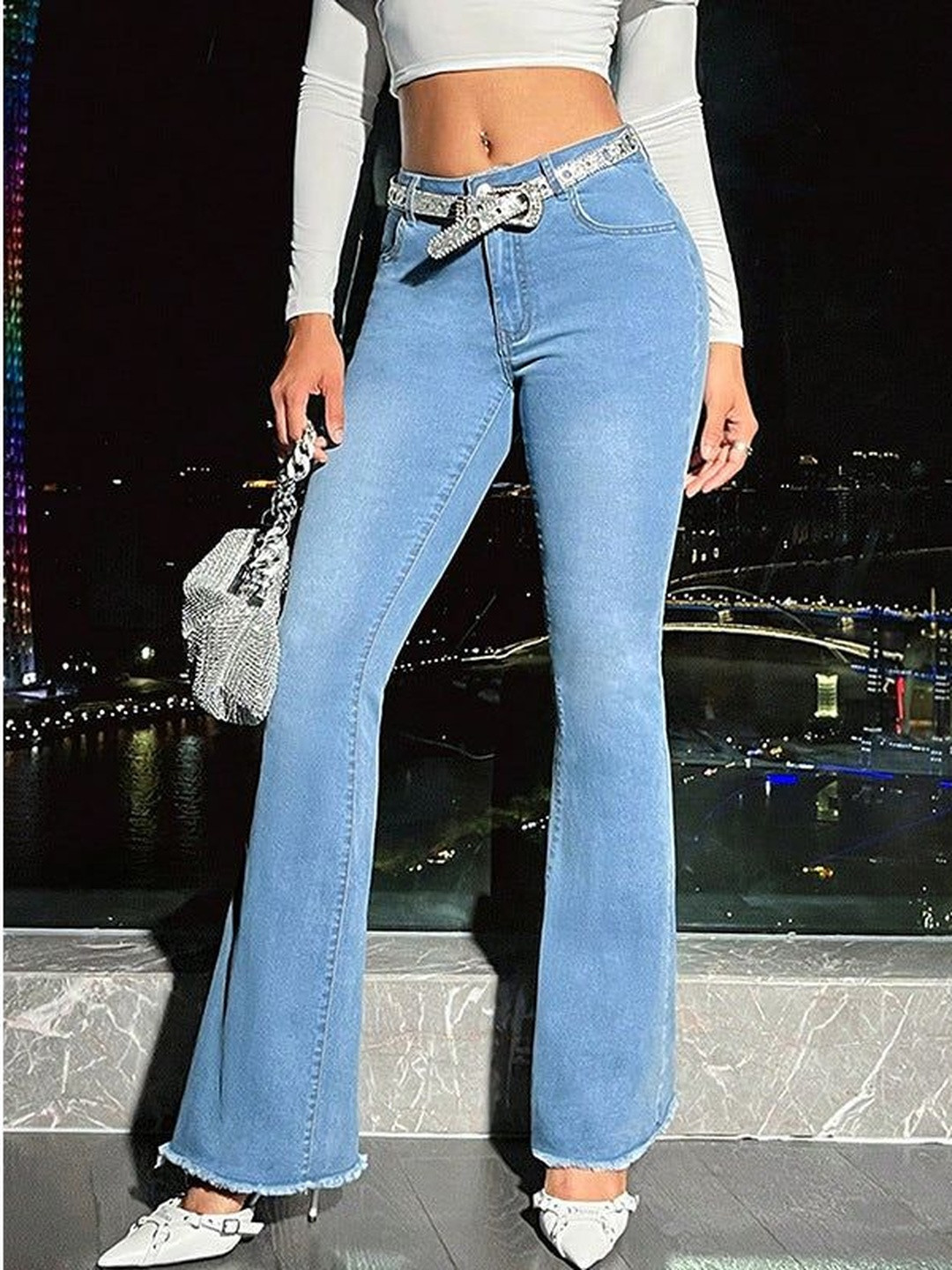 Outzidr Women Flared Mid-Rise Light Fade Frayed Bottom Hem Cotton Jeans