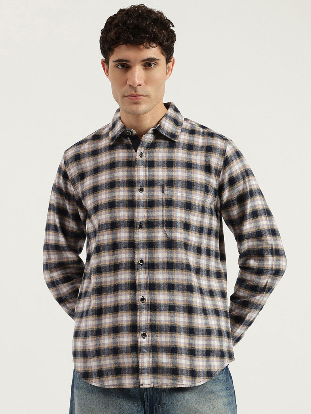 United Colors of Benetton Men Tartan Checked Regular Fit Spread Collar Twill Flannel Shirt