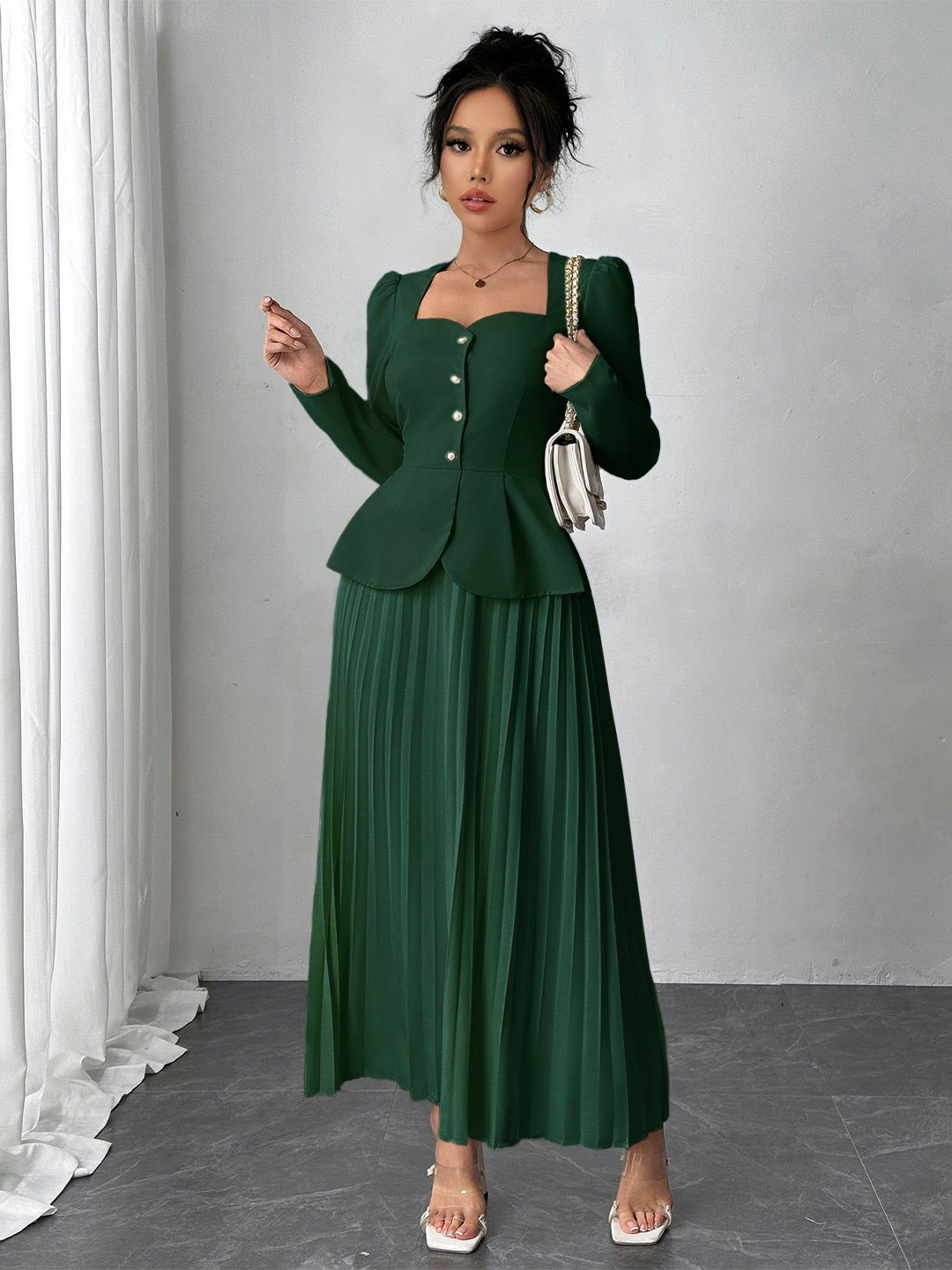 Outzidr Women Square Neck Pleated Skirt & Blazer Style Dress