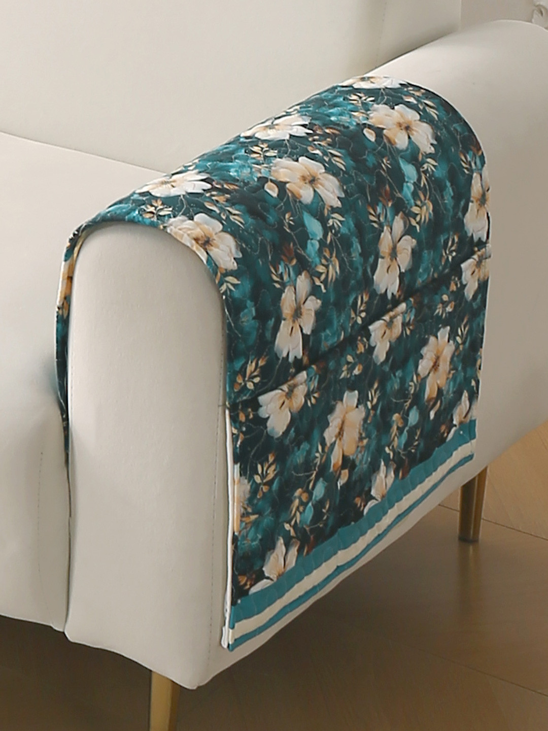 HOKIPO Florentina Series Pansies Teal & White 2 Pieces Holland Velvet Sofa Arm Cover